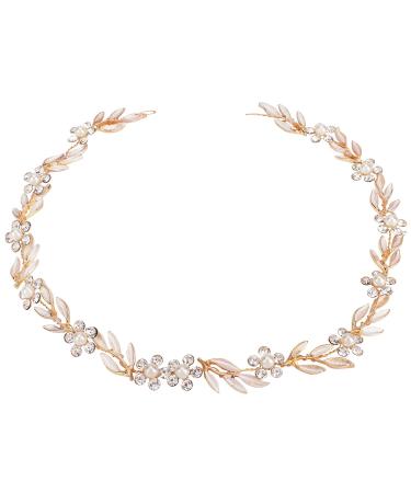 Didder Bride Wedding Hair Vine Headband Leaf Pearl Crystal Gold Bridal Hair Accessories Flower Headband Wedding Hair Accessories for Brides Headpiece Jewelry for Women Girls (Gold)