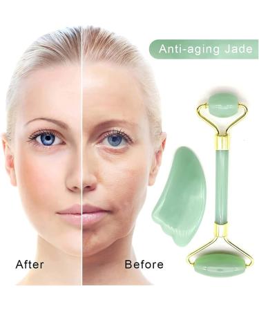 Natural Jade Gua Sha Scraper Board & Roller Set - Anti-Wrinkle Facial Massage Tool Gift Set - Buy Online on SooperMarket.com