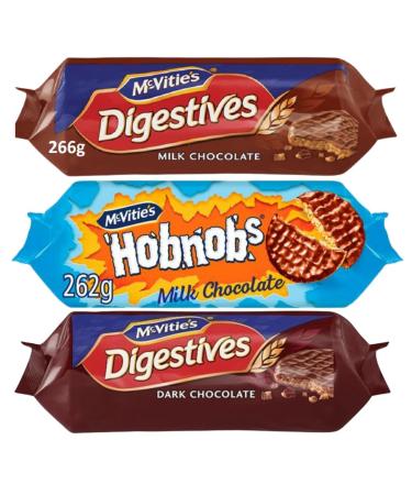 Hobnobs Milk Chocolate Biscuits 262g With Dark Chocolate Digestive Biscuits 266g & Milk Chocolate Digestive Biscuits 266g - Bundle Consisting of Mixed McVitie's x3 Pack