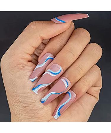 Vatocu Coffin Shiny False Nails - Long Wavy Lines Nude Color Stick-On Acrylic Nails for Women & Girls (24pcs) | International Shipping Available - Buy Online on SooperMarket.com