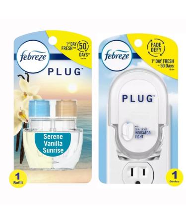Febreze Odor-Fighting Fade Defy Plug Air Freshener Refill Serene Vanilla Sunrise (1 Refill) of 0.87 Fl Oz + Starter Kit