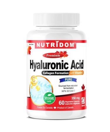 Nutridom Hyaluronic Acid Supplements 60 Veggie-Capsules 200mg of Hyaluronic Acid with 150mg of Vitamin C All Natural Non-GMO Vegan Gluten-free Dairy-free and Soy-free