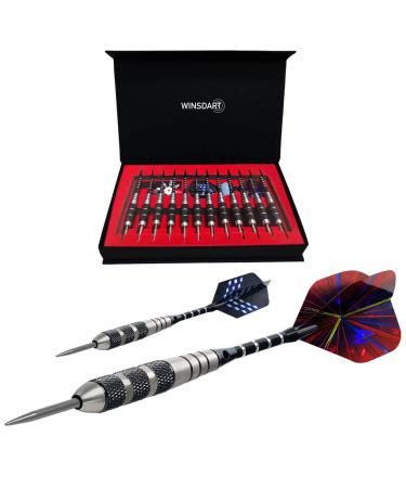 WINSDART Steel Tip Darts Set 12 Pack 22 Grams with Nonslip Iron Barrel Aluminum Dart Shafts 2 Style Flights and Darts Sharpener, Gift Box black