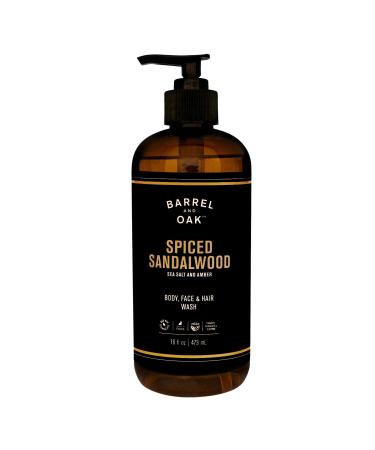 Barrel and Oak - All-In-One Body Wash  Men's Face  Hair  & Body Wash  Natural Exfoliator & Moisturizer  Hydrates Hair & Beard  Fragrant Amber Scent  Certified Organic (Spiced Sandalwood  16oz)
