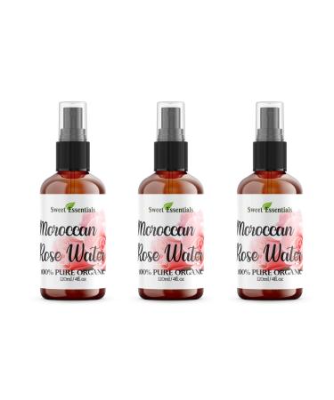 Pack of 3 Premium Organic Moroccan Rose Water - 4oz W/Sprayer - Imported From Morocco - 100% Pure (Food Grade) No Oils or Alcohol - Rich in Vitamin A & C Perfect for Hydrating & Rejuvenating Your Skin