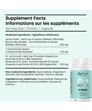 Refine Natural Stress Relief Supplement with L-Theanine and Herbals | Relaxation Support with Lemon Balm Extract St John's Wort | Calming Herbal Sleep for Adults Non-GMO 60 Vegetarian Capsules for Men and Women Made in Canada - Buy Online on SooperMarket.com