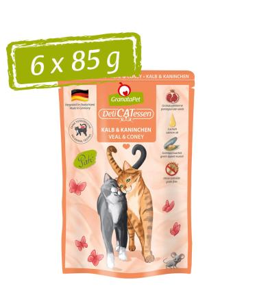 Granatapet Delicatessen Kalb & rabbits wet food for cats cat food for gourmets food without grain & without sugar additives 6 x 85 g calf & rabbits 85 g (6 Pack)