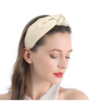 QIANXUAN Wide Cloth Headband Set for Women - 2Pcs Black Leather and Beige Top Knot Hair Bands - Buy Online on SooperMarket.com