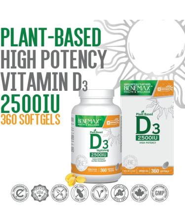Benemax Vitamin D3 2500 IU For Healthy Bones Teeth and Helps Prevent Vitamin D Deficiency Plant Based & Vegan 360 Day Supply - Buy Online on SooperMarket.com
