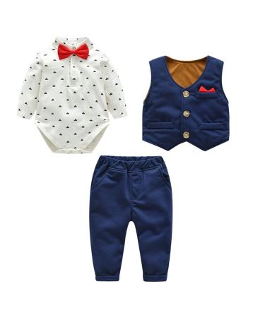 famuka Baby Boy 3 Piece Formal Outfit Suit with Bows Waistcoat Gentleman Tuxedo Navy 1 9 Months