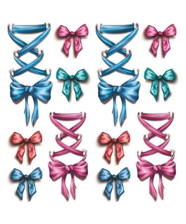 Oottati 2 Sheets Colorful Ribbon  Blue Pink 3D Bow Tie Leg Shoelace Waterproof Arm Hand Temporary Tattoo Stickers Look Real and Last Long 3D-007