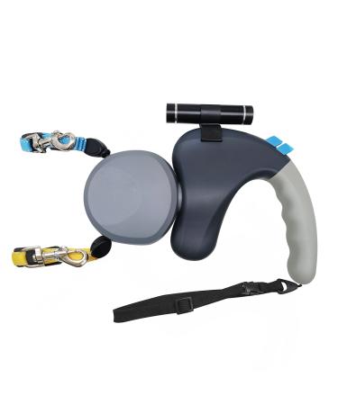 Morn light dual retractable dog leash for 2 s to M dogs less than 50 lbs removable LED flashlight two buttons stop and release 360 degrees anti-tangle 3M reflective double dog leash (gray)