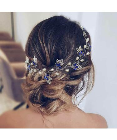 IYOU Bridal Wedding Hair Vine Blue Rhinestone Headband Leaf Pearl Prom Headpiece Accessories for Bride Bridesmaid - Buy Online on SooperMarket.com