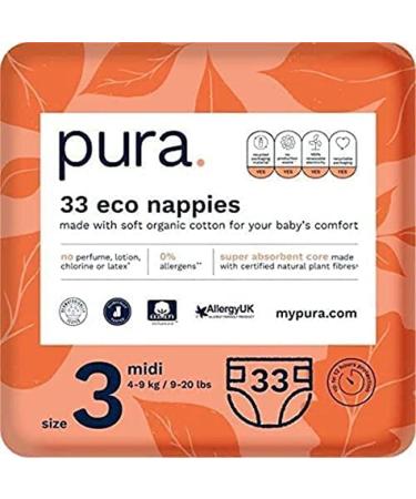 Pura eco-diapers size 3 (MIDI 4-9 kg) 33 diapers (1 pack) certified with EU Ecolabel for sensitive skin made of organic cotton odorless hypoallergenic 12 hours outlet protection size 3 (33 diapers)