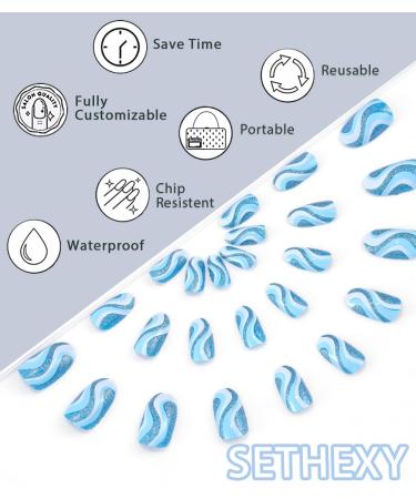 Sethexy Glitter Almond False Nails - 24 Pcs Swirl Press-On Nails for Women & Girls | Blue Hawaii Acrylic Stick-On Nails - Buy Online on SooperMarket.com