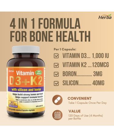 Herba K2 D3 Vitamin Supplement with Boron and Silica 120 Capsules | Vitamin D3 K2 with Boron Supplement for Men and Women | Vitamin K2 MK-7 and Vitamin D3 1000 IU | Helps Build Strong Bones and Teeth - Buy Online on SooperMarket.com