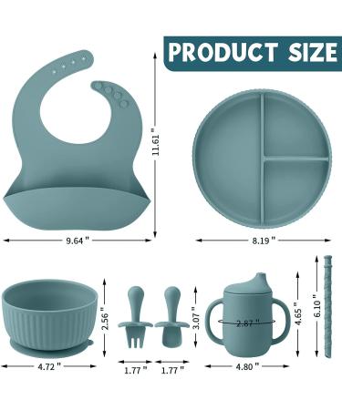 Baby Feeding Set: Silicone Bib, Suction Divided Bowl, Spoon, Fork - Toddler Utensils for Baby Led Weaning - 6 Months (Blue Green) - Buy Online on SooperMarket.com