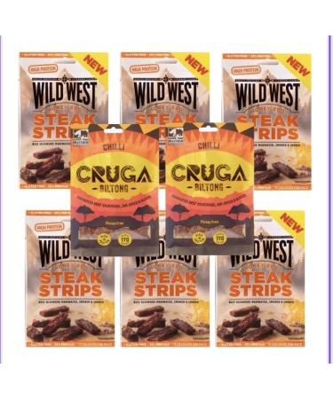 Kings Cruga Biltong Chili 2 x 25g - Wild West Steak Strip Honey BBQ 6 x 60g Cruga Biltong + Steak Strips