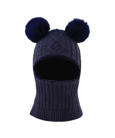 XIAOHAWANG Winter Warm Baby Hood Hats Kids Knit Earflap Caps Fleece Lining Hat Scarf for Toddler Boys Girls 6-24 Months Navy Pompom