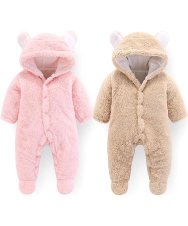 Newborn Baby Cartoon Bear Snowsuit Winter Coat Fleece Hooded Romper Jumpsuit 0-3 Months - Pink - Buy Online on SooperMarket.com