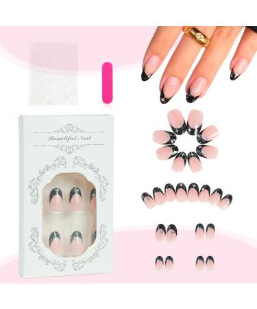 Buy Black French Tip Press On Nails - 24pcs Star Silver Diamond Design Glossy Reusable Artificial Nails for Women - Perfect DIY Manicure - Buy Online on SooperMarket.com
