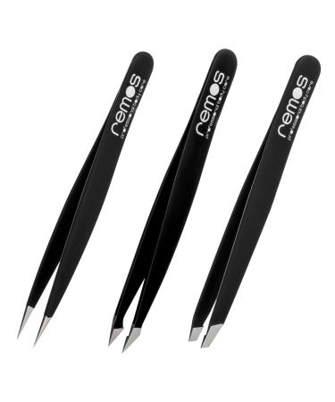 REMOS tweezers set 3-piece with eyebrow splinter & combination tweezers in black 3-piece Black