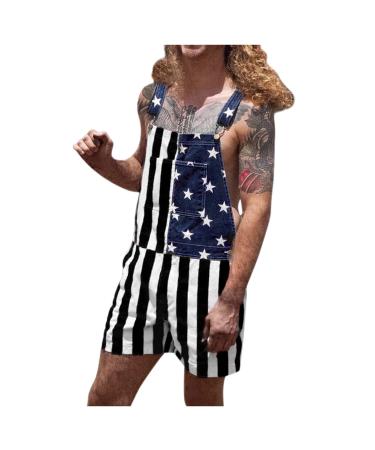 MALAIDOG Mens Womens Casual Fitted American Flag Denim Overalls Patriotic Rompers Jeans Bibs Adjustable Strap Shorts Jumpsuit Men - Type B Large