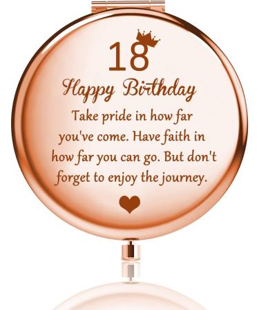 BNQL 18 Birthday Mirror Happy 18th Birthday Gifts for Her 18 Year Old Birthday Gifts Turning 18th Inspirational Gifts Small 2 Sided Mirror 1x 2x Magnification (Rose gold)
