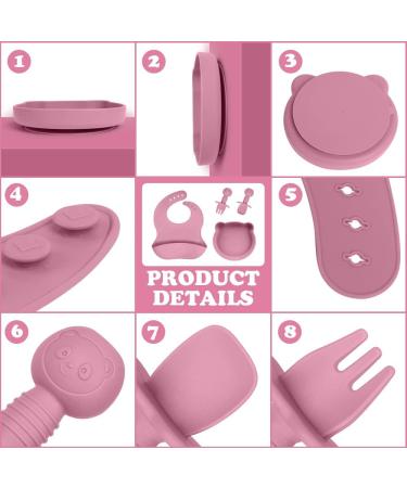 Vicloon Baby Weaning Set - 4 Pcs Silicone Feeding Set | BPA Free Suction Plate, Bib, Spoon & Fork | Toddlers & Kids Plates | Pink Bear Design - Buy Online on SooperMarket.com