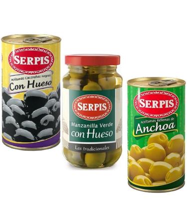 LalolaGourmet - Selection of Spanish Olives El Serpis - Manzanilla Green Olives with Stone - Green Olives Stuffed with Anchovies - Black Cacere as Olives with Bone I Gluten and Lactose Free
