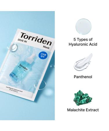 Torriden DIVE-IN Hyaluronic Acid Facial Sheet Masks - 10 Pack | Sensitive Skin | Fragrance-Free & Vegan | Cruelty-Free - Buy Online on SooperMarket.com