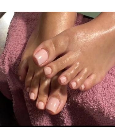 YOSOMK Pink Press on Toenails Short Toe Nail Tips Press ons White Pink Glue on Fake Toe Nails Nude Square Summer False ToeNails for Women 25Pcs