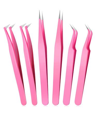 6 Pcs Lash Tweezers Eyelash Extension Tweezers, Stainless Steel Straight Tip Tweezers Curved Tip Tweezers Individual Volume Eyelash Tweezers Isolation Tweezers False Lash Application Tools (Pink)