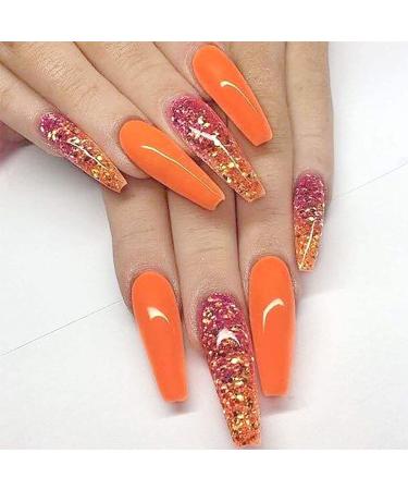Sethexy long shiny wrong nail sparkle ballerina orange false fingernail coffin bling press on nails 20st acrylic art nail tips for women and girls