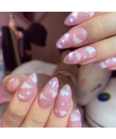 24PCS Almond False Nails Short Full Cover Fake Nails Pink Cloud Ballerina Nail Tips for DIY Nail Art Salon Women Girls 10