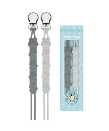 Kowlone pacifier chain young girls silicone frog dummy clips pacifier strap pacifier chains pacifier clips holder for baby shower 2-pack (gray)