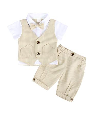 AmzBarley Baby Boys Gentlemans Outfit Suit Kids Long/Short Sleeve Dress Shirt Pants Vest Bowtie Tuxedo Rompers Childs Birthday Evening Holiday Party Khaki 1-2 Years