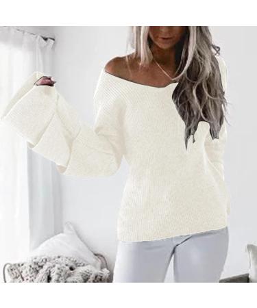 Creoqiji Women's V-Neck Sweater - Autumn/Winter Loose Fit with Leaf Sleeves - Comfortable Elastic Party Wear in White (Size L) - Buy Online on SooperMarket.com