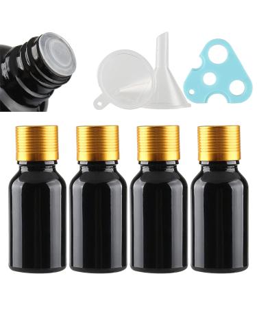 Tianzd 4 pieces empty small 15 ml gloss black glass bottles with sealed stopper gold aluminum screw cap glass bottle flashing clasp etheric oil fragrance perfume massage aromatherapy gold 15ml