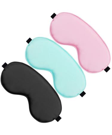 WLLHYF 3 Pcs Silk Sleep Mask Soft Smooth Eye Cover Satin Blindfold Elastic Strap Night Blocking Out Light Eyeshade Adjustable Travel Nap Sleep Eye Mask for Women Men (Black Pink Blue)