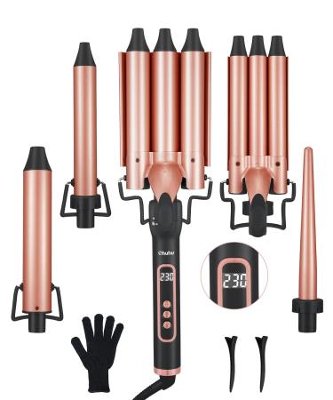 5 in 1 Curling Iron Set: Ohuhu Curling Wand Set with 2 Three-Barrel Curling Irons 3 Interchangeable Ceramic Barrels 0.35-1.25 Inch LED Display Temperature Adjustment Heat Protective Glove for Women