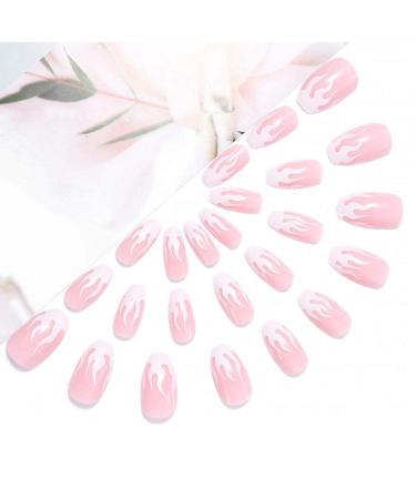 24PCs Flame Coffin Square Acrylic Press-On Nails | Pink Fire Glue-On Fingernails for Women & Girls | DIY Manicure Salon - Buy Online on SooperMarket.com