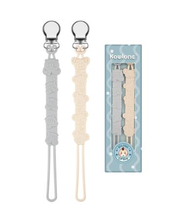 Kowlone Dummy Clips Boys Girls Koala Bear Silicone Soother Pacifier Chain Flexible Binky Holder Set with Texture for Teething Baby Dummies 1-Piece Design(Grey Beige) A: Beige Dim Grey