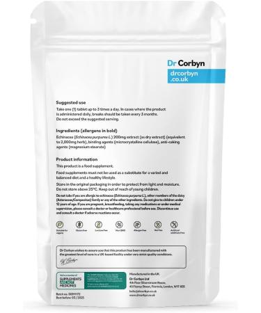 Dr Corbyn Echinacea 200mg + Magnesium 200mg Tablets - High Strength Supplement | Vegan & UK Made - 60 Count - Buy Online on SooperMarket.com