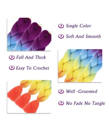 Ombre Rainbow Braiding Hair Extensions 24 Inch - 3 Pack Synthetic Jumbo Braiding Hair for Women - Purple/Blue/Yellow/Orange - High Temperature Twist Crochet Braids - Buy Online on SooperMarket.com