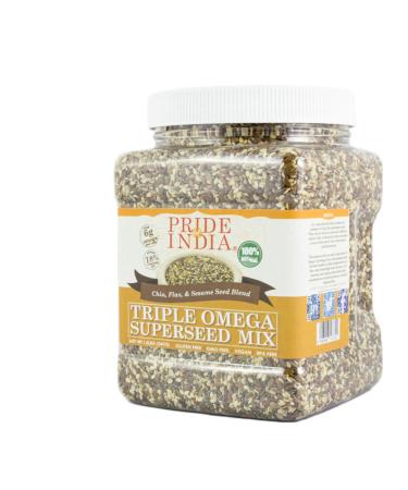Triple Omega Superseed Mix by Pride of India Chia Flax & Sesame Superfood Mix Jar Triple Omega Health Benefits Booster of Antioxidants/DASH/MIND Diet-Friendly 44 Oz Jar