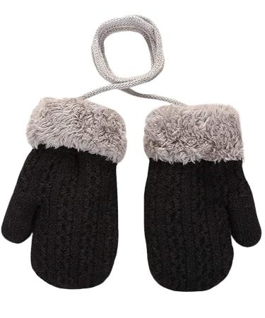 Baby Toddler Furry Winter Gloves Cold Weather Warm Knit Magic Mittens On String Kids Insulated Snow Warm Gloves with Fleece Lining for Baby Girls Boys 0-3 Years Gift B-Black