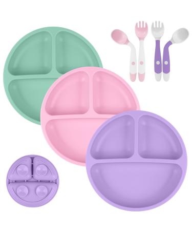 Vicloon Baby Suction Plate 3Pcs Silicone Baby Suction Plates Non Slip Silicone Baby Weaning Plate Divided Dishes for Toddler Kids Self Feeding Fits for Most Highchairs Trays(Pink/Purple/Green)