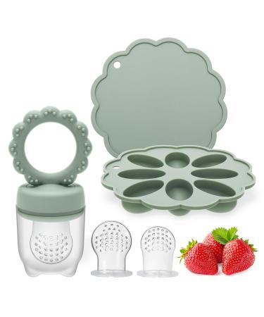 CLDY storage container for baby food fruit food dispenser fruit food fruits baby mother's milk and teething ice cream on the stem BPA-free silicone safe self-nutrition for babies from 3 months (1 pack) Green flower