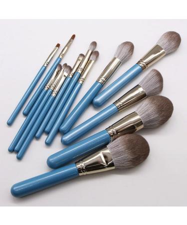 13-Piece High-End Makeup Brush Set - Granny Gray Solid Wood Handle & Blue Accents | International Shipping - Buy Online on SooperMarket.com